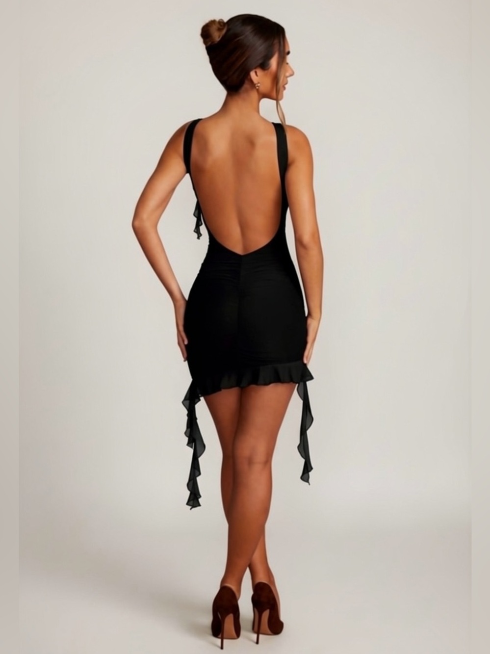 OH POLLY Black Sleeveless Ruffle-Detail Bodycon Mini Dress size 6 - Picture 3 of 15